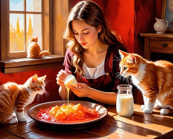 Cozy Room with Dessert and Ginger Cats