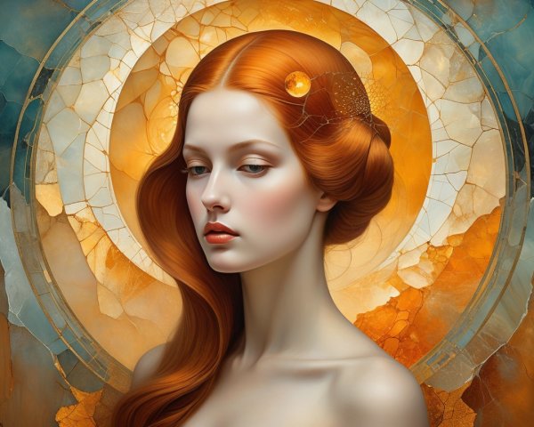 Young woman with vibrant red hair in stained glass setting