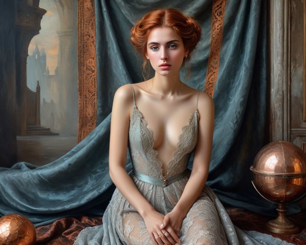 Oil Painting Portrait of Young Woman in Blue Dress