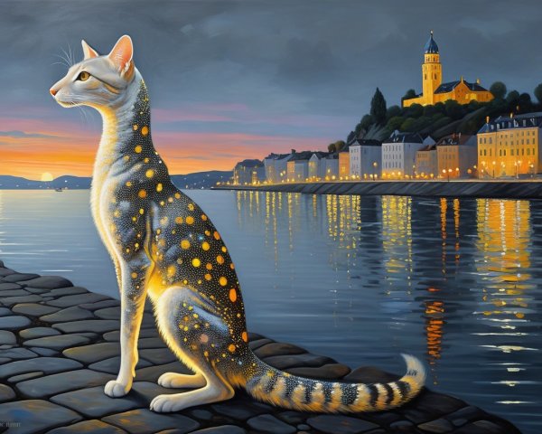 Hyper-detailed oil painting of a glowing cat by water