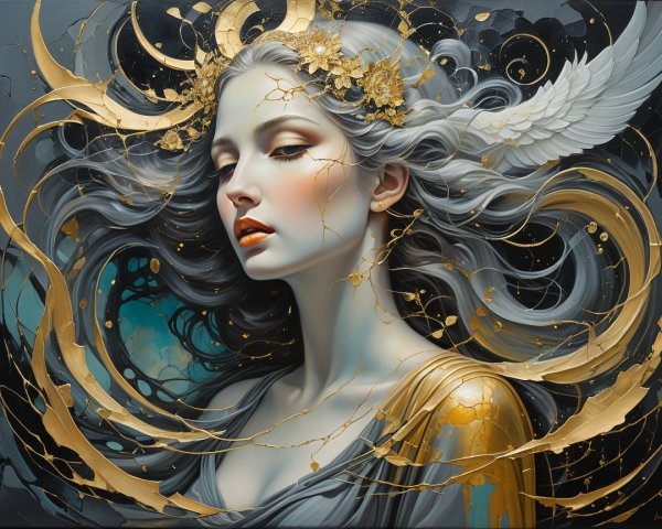 Striking Woman with Silver Hair and Floral Elements