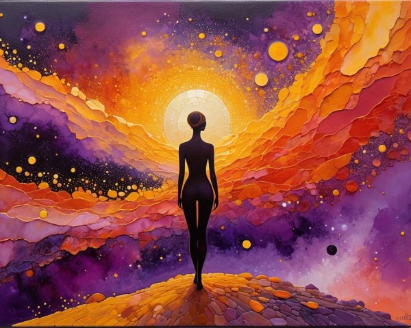 Silhouette on Textured Landscape with Cosmic Backdrop