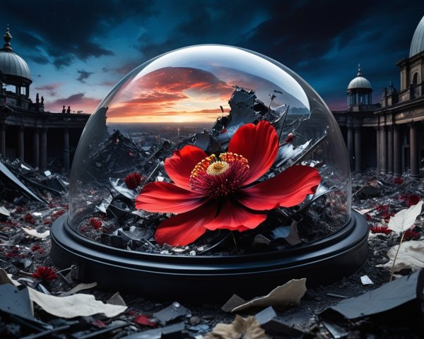 Red Flower in Transparent Dome Amid Ruined Landscape