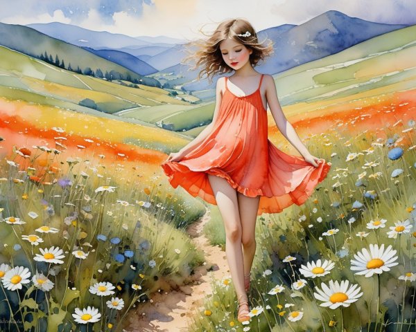 Young girl in orange dress twirling in wildflower meadow