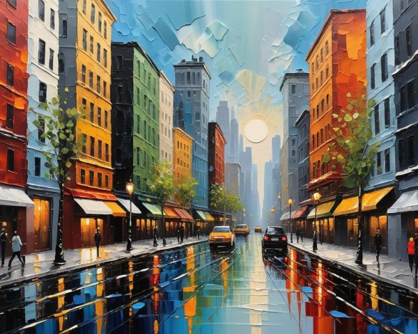 Vibrant City Street Scene with Colorful Reflections