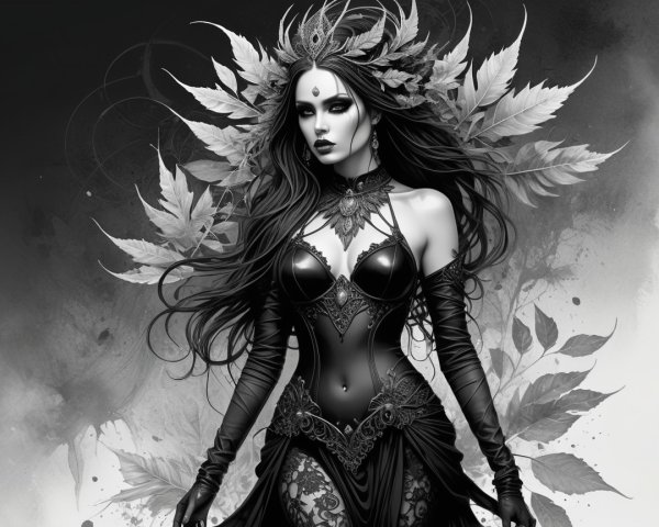 Elegant Woman in Dark Outfit with Leaf Crown