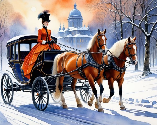 Elegant Woman in Horse-Drawn Carriage in Snowy Landscape