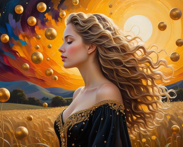 Serene Woman in Black Dress Against Vibrant Sunset