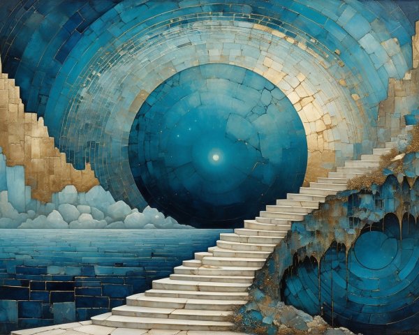 Surreal Landscape with Glowing Blue Orb and Stairs