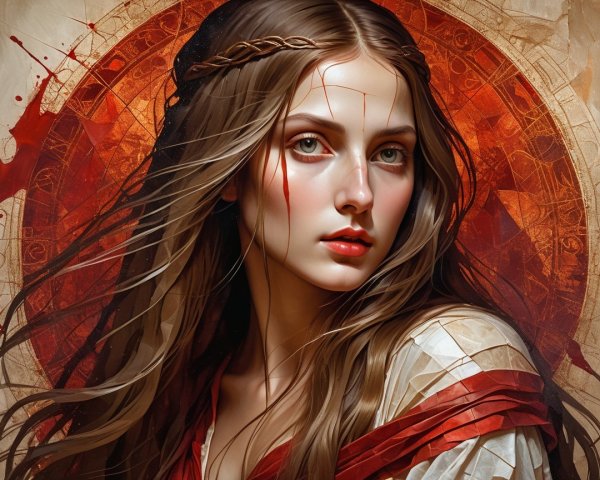 Young woman with flowing hair in intricate background