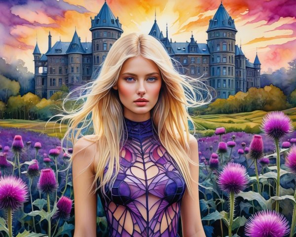 Young woman in purple dress in thistle field with castle
