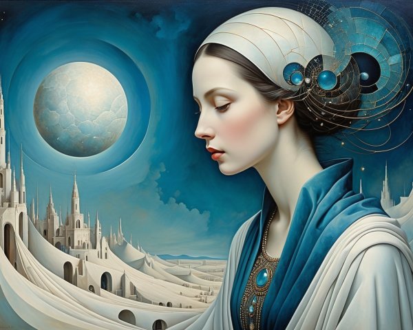 Serene Woman in Elegant Robes Against Dreamlike Landscape