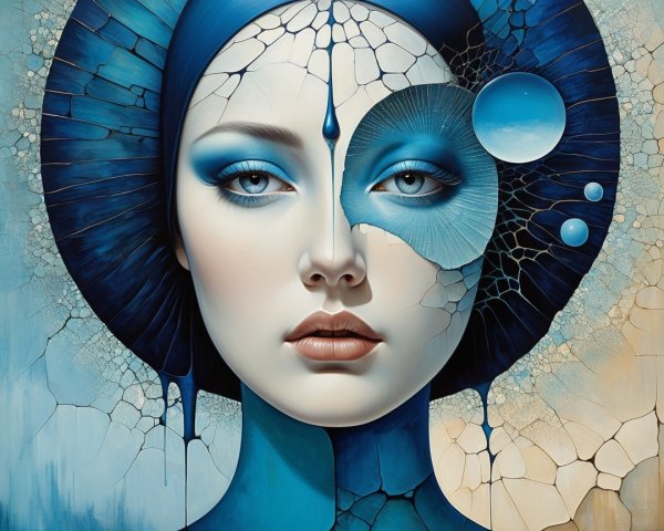 Surreal Portrait of a Woman with Blue Hues and Cracks