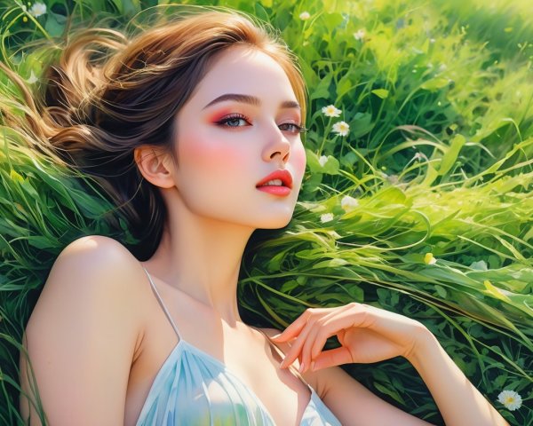 Young Woman in a Green Field with Wildflowers