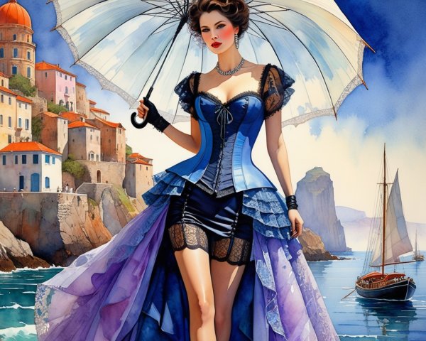 Glamorous Woman by Seaside with Parasol and Dress