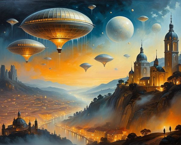 Surreal Futuristic Cityscape at Twilight with Airships