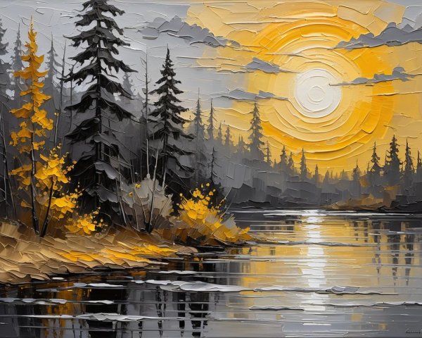 Serene Landscape with River and Setting Sun Hues