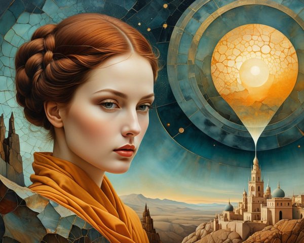 Serene Woman in Golden Fabric Against Abstract Landscape