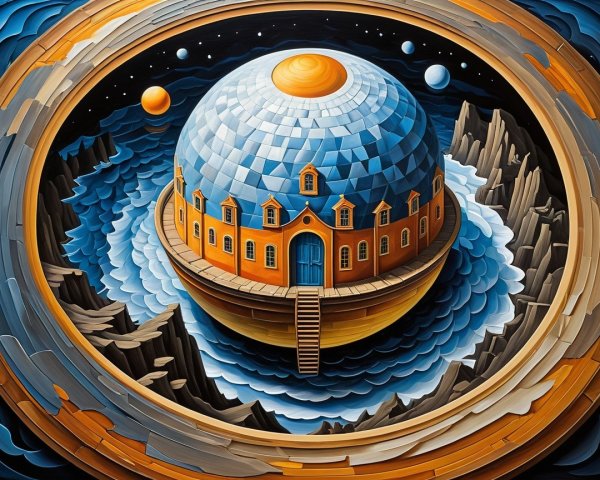 Surreal Cosmic Landscape with Domed Structure and Water