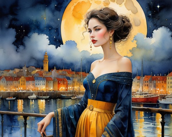 Elegant Woman in Off-Shoulder Gown by Moonlit Waterfront