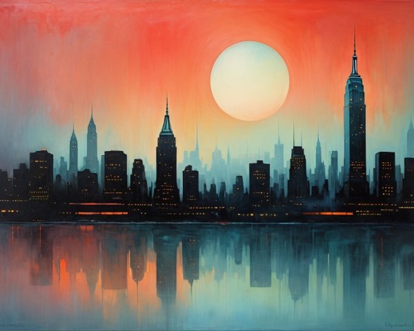 Abstract Skyline at Sunset with Moon Reflection