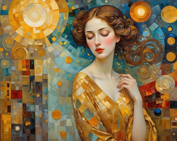 Serene Woman in Golden Robe with Abstract Background