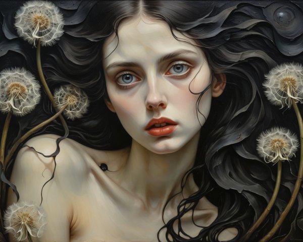 Portrait of a Young Woman with Black Hair and Dandelions