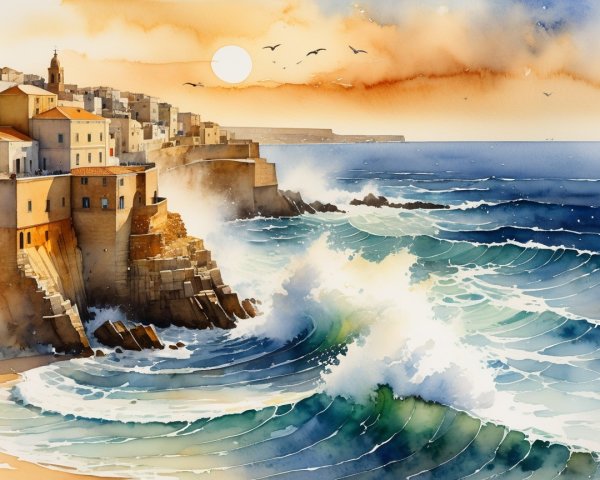 Coastal Scene with Waves, Cliffs, and Village at Sunset