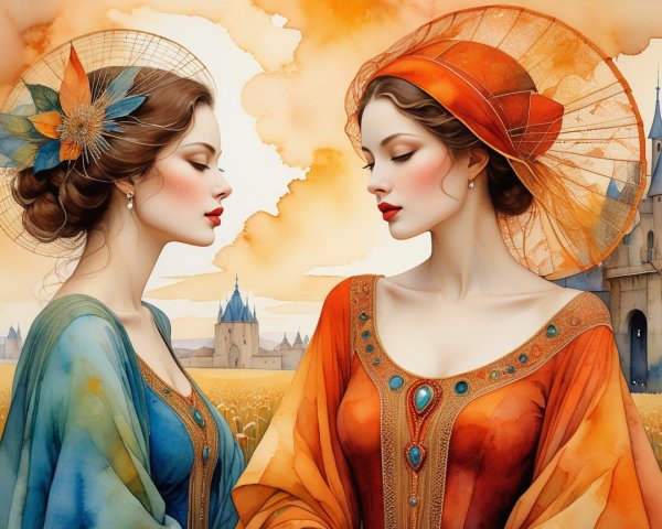Elegant Women in Vibrant Garments Against Dreamy Backdrop