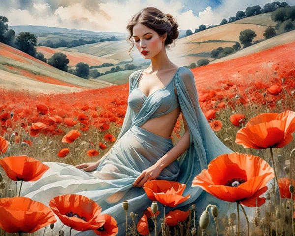 Elegant woman in light blue dress among red poppies