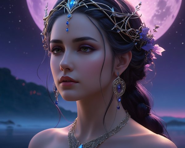Serene Woman Under Full Moon with Floral Adornments