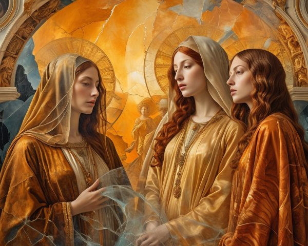 Elegant Figures in Gold Garments with Ethereal Light
