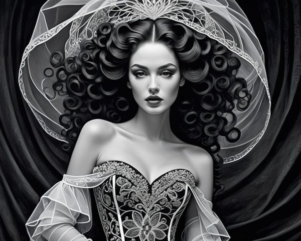 Intricately Designed Corset Gown with Veil and Curls