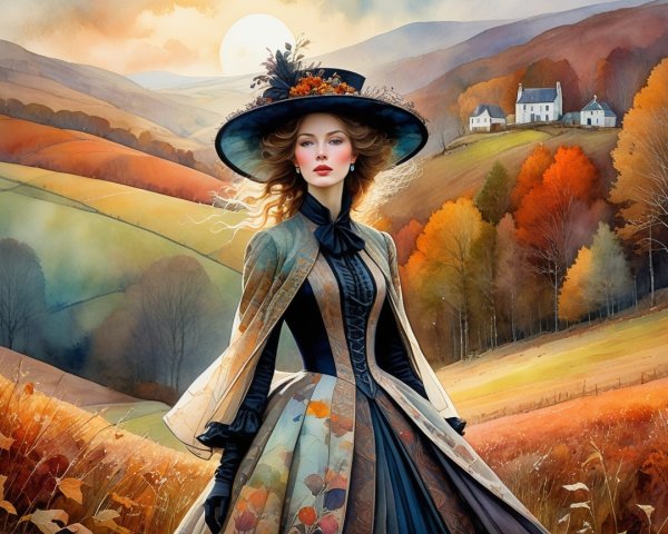 Elegant Woman in Autumn Landscape with Floral Gown