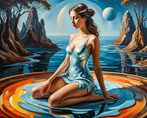 Serene Woman in Blue Dress by Colorful Pool