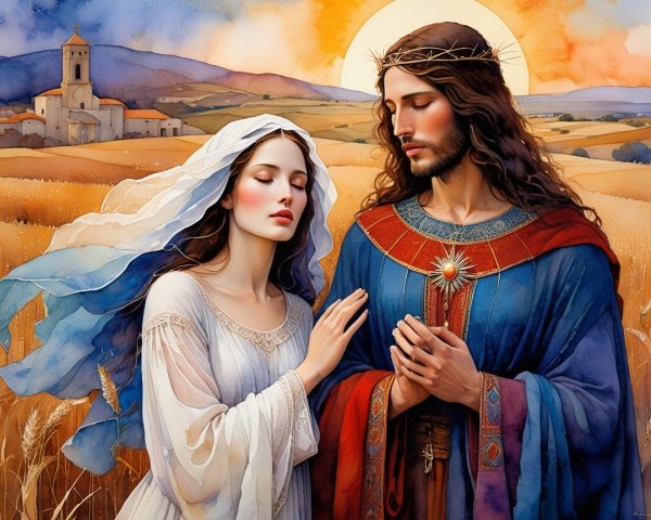 Serene Scene of Figures in a Wheat Field