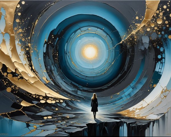 Figure at Vortex of Vibrant Blues and Golds