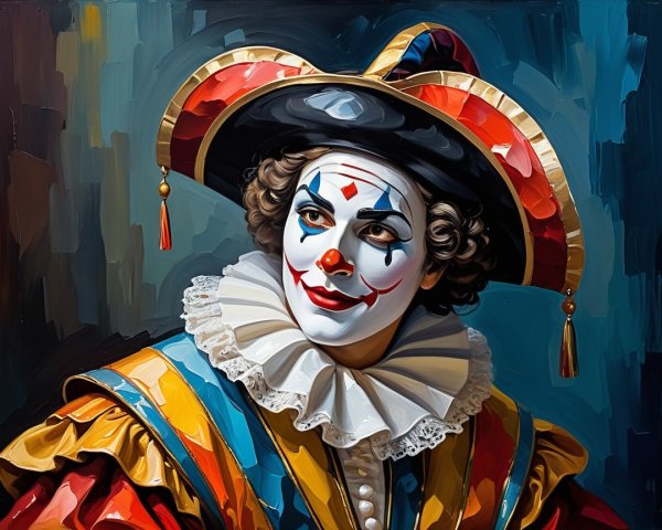 Whimsical Clown in Vibrant Costume and Cheerful Makeup