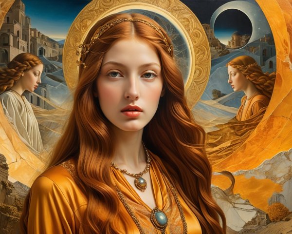 Young Woman in Golden Garment Amidst Mystical Landscape