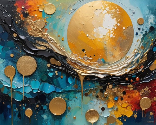 Vibrant Abstract Artwork with Blue and Gold Elements