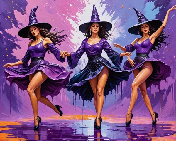 Witches in Purple Dresses Celebrate Halloween Magic