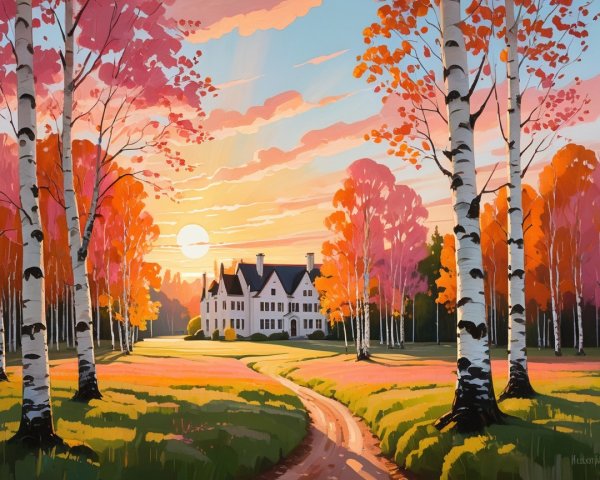 Autumn Landscape with White Mansion and Birch Trees