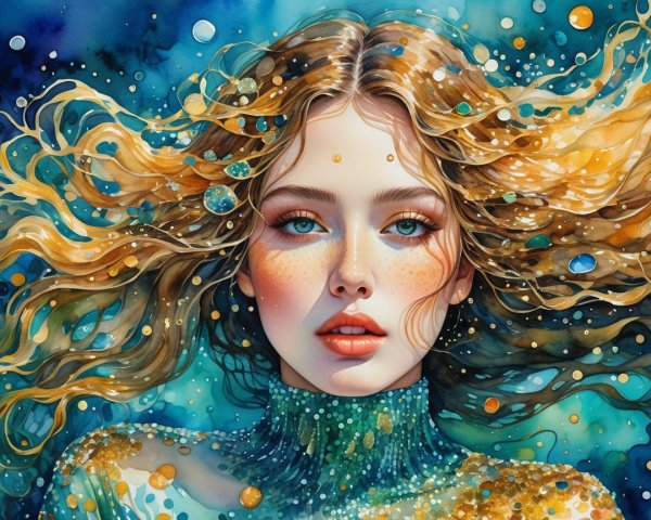 Watercolor Portrait of a Young Woman with Orbs