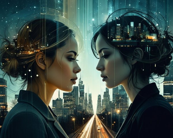 Women in Profile Against Cityscape at Night