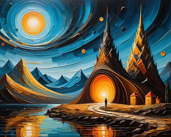 Surreal Landscape with Vibrant Skies and Tranquil Waterway