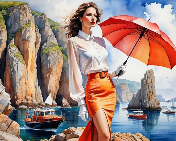 Elegant Woman with Red Umbrella at Rocky Shoreline