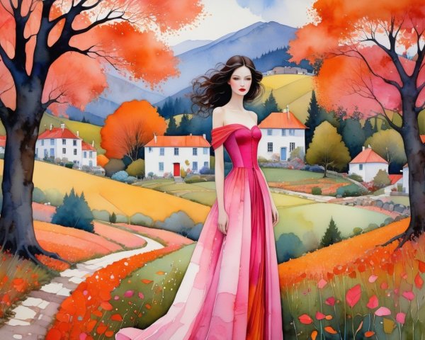 Serene landscape with woman in pink gown and autumn trees