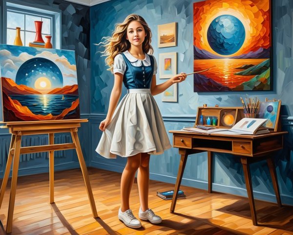 Young Girl in Art Studio with Landscape Painting
