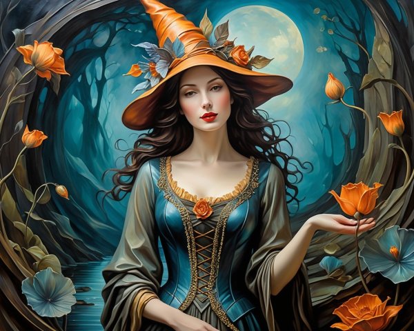 Mystical witch in a dreamlike forest at night