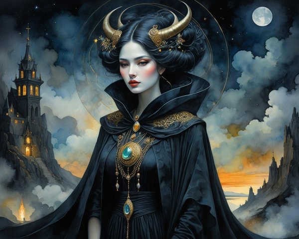 Mystical Figure with Cloak and Castle Under Moonlight